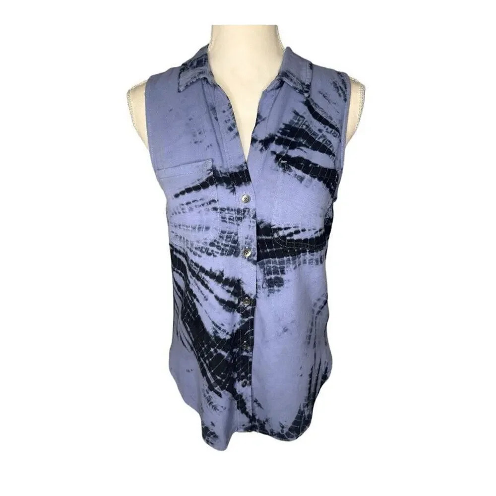 Rock & Republic Women’s XS Blue & Black Tie-Dye Sleeveless Button‎ Front Top